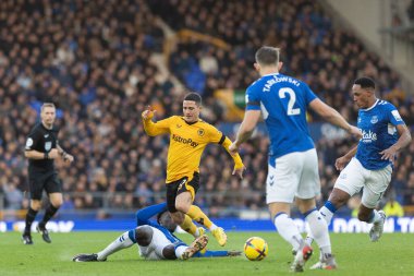 Everton 'dan Amadou Onana # 8 Premier Lig karşılaşmasında Wolverhampton Wanderers' dan Daniel Podence # 10 'a karşı Goodison Park, Liverpool, Birleşik Krallık' ta Everton - Wolverhampton Wanderers maçı, 26 Aralık 202