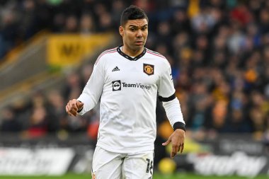 Manchester United 'ın Casemiro # 18' i Premier League maçı sırasında Wolverhampton Wanderers, Manchester United 'a karşı Molineux, Wolverhampton, Birleşik Krallık' ta 31 Aralık 202