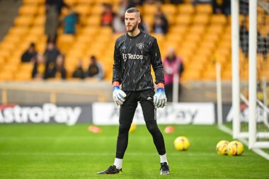 Manchester United takımından David De Gea Premier League karşılaşması öncesinde Manchester United 'a karşı 31 Aralık 202' de Molineux, Wolverhampton 'da oynanan maç öncesi ısınma maçında