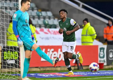 Gol Plymouth Argyle forveti Niall Ennis (11), 1 Ocak 202 'de Plymouth Argyle ile Home Park, Plymouth, İngiltere' de oynanan 1.