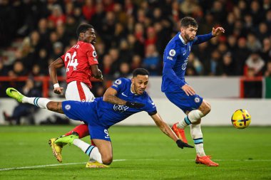 Chelsea 'den Pierre-Emerick Aubameyang # 9 Premier League maçında Nottingham Forest Chelsea' ye karşı City Ground, Nottingham, 1 Ocak 202 'de kaleye doğru ilerliyor.