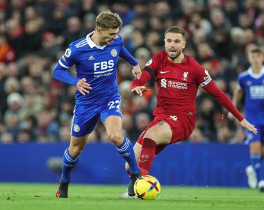 Leicester City 'den Kiernan Dewsbury-Hall # 22 Premier League maçında Liverpool - Leicester City maçı sırasında 30 Aralık 202' de Anfield, Liverpool, İngiltere 'de başladı.