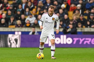 Manchester United 'ın Christian Eriksen # 14' ü Premier League maçında Wolverhampton Wanderers 'a karşı Molineux, Wolverhampton, İngiltere' de 31 Aralık 202