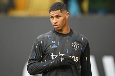 Manchester United 'dan Marcus Rashford # 10 Premier League karşılaşması öncesi ısınma öncesinde Wolverhampton Wanderers, Manchester United' a karşı Molineux, Wolverhampton, Birleşik Krallık, 31 Aralık 202