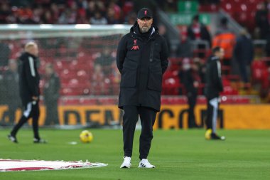 Liverpool 'un Liverpool teknik direktörü Liverpool - Leicester City maçı öncesinde 30 Aralık 2022' de Anfield, Liverpool, İngiltere 'de oynanan maç öncesi ısınma maçında teknik direktör Jrgen Klopp