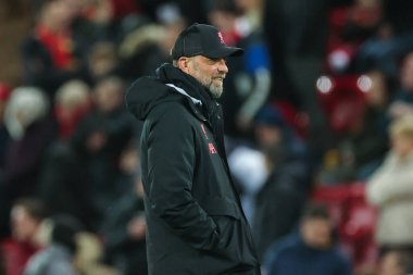 Liverpool 'un Liverpool teknik direktörü Liverpool - Leicester City maçı öncesinde 30 Aralık 2022' de Anfield, Liverpool, İngiltere 'de oynanan maç öncesi ısınma maçında teknik direktör Jrgen Klopp