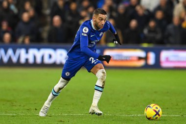 Chelsea 'li Hakim Ziyech Premier Lig maçında Nottingham Forest Chelsea' ye karşı 1 Ocak 202 'de City Ground, Nottingham' da topa vuruyor.