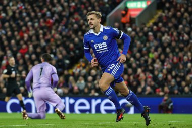 Leicester City 'nin 22 numaralı Kiernan Dewsbury Salonu, 30 Aralık 202' de Liverpool, Liverpool 'da Leicester City' ye karşı oynanan Premier Lig maçında 0-1 kazanma hedefini kutluyor.