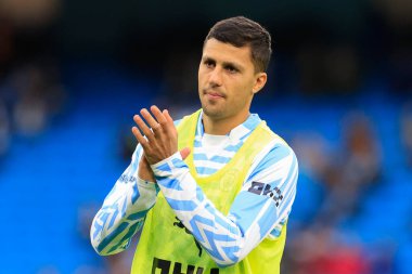 Manchester City 'nin Manchester City' ye karşı Everton 'ın 31 Aralık 202' de Etihad Stadyumu 'nda oynanan Premier League maçı öncesinde oynanan ısınma maçında # 16 numaralı Rodrigo