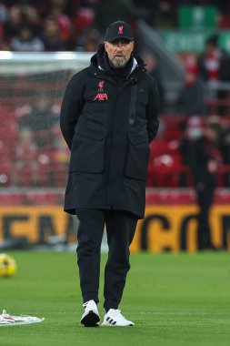 Liverpool 'un Liverpool teknik direktörü Liverpool - Leicester City maçı öncesinde 30 Aralık 2022' de Anfield, Liverpool, İngiltere 'de oynanan maç öncesi ısınma maçında teknik direktör Jrgen Klopp