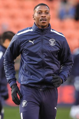 Blackpool 'dan Marvin Ekpiteta # 21 maç öncesi ısınma maçı sırasında Blackpool - Sunderland maçı sırasında Bloomfield Road, Blackpool, İngiltere, 1 Ocak 202