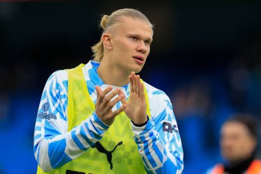 Manchester City 'nin Manchester City ile Everton arasındaki Premier Lig maçı öncesinde 31 Aralık 202' de Etihad Stadyumu 'nda oynanan ısınma maçında 9. Erling Haaland