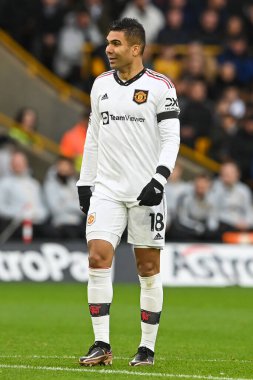 Manchester United 'ın Casemiro # 18' i Premier League maçı sırasında Wolverhampton Wanderers, Manchester United 'a karşı Molineux, Wolverhampton, Birleşik Krallık' ta 31 Aralık 202