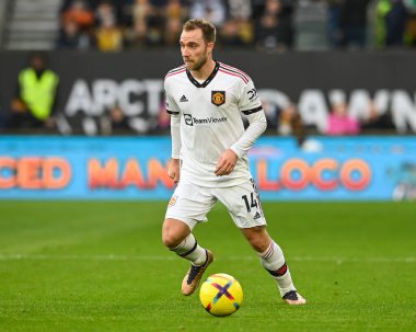 Manchester United 'ın Christian Eriksen # 14' ü Premier League maçında Wolverhampton Wanderers 'a karşı Molineux, Wolverhampton, İngiltere' de 31 Aralık 202