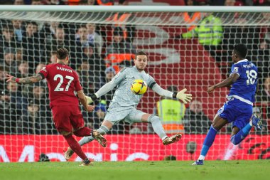 Liverpool 'dan Darwin Nez # 27 Premier League maçında 30 Aralık 2022' de Liverpool, Liverpool 'da Leicester City' ye karşı oynadığı maçta gol atıyor.