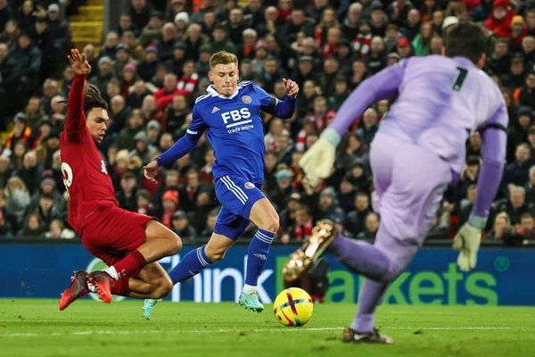 stock image Harvey Barnes #7 of Leicester City is tackled by Trent Alexander-Arnold #66 of Liverpool during the Premier League match Liverpool vs Leicester City at Anfield, Liverpool, United Kingdom, 30th December 202
