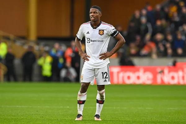 stock image Tyrell Malacia #12 of Manchester United during the Premier League match Wolverhampton Wanderers vs Manchester United at Molineux, Wolverhampton, United Kingdom, 31st December 202