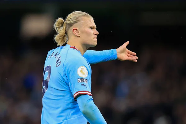 stock image Erling Haaland #9 of Manchester City celebrates scoring to make it 1-0 during the Premier League match Manchester City vs Everton at Etihad Stadium, Manchester, United Kingdom, 31st December 202