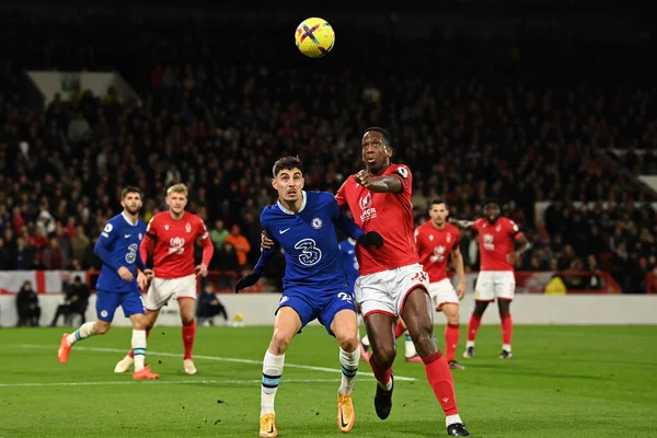 Chelsea 'den Kai Havertz # 29 ve Willy Boly # 30 Nottingham Forest Premier Lig karşılaşmasında Nottingham Forest Chelsea' ye karşı 1 Ocak 202 'de City Ground, Nottingham, İngiltere