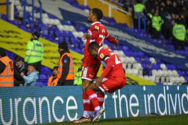 Middlesbrough 'dan Chuba Akpom # 29, 2 Ocak 202' de Birmingham City ile Middlesbrough arasında oynanan Gökyüzü İddia Şampiyonası maçında 1-3 kazanma hedefini kutluyor.
