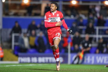 Middlesbrough 'dan Chuba Akpom # 29, 2 Ocak 202' de Birmingham City ile Middlesbrough arasında oynanan Gökyüzü İddia Şampiyonası maçında 1-3 kazanma hedefini kutluyor.