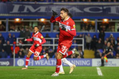 Middlesbrough 'dan Matt Crooks 2 Ocak 202' de Birmingham City 'nin St Andrews, Birmingham' da Middlesbrough 'a karşı oynadığı Gökyüzü İddia Şampiyonası maçında 0-2 kazanma hedefini kutluyor.