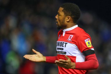 Middlesbrough 'dan Chuba Akpom # 29, 2 Ocak 202' de Birmingham City ile Middlesbrough arasında oynanan Gökyüzü İddia Şampiyonası maçında 1-3 kazanma hedefini kutluyor.