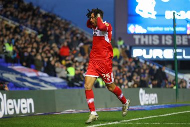 Middlesbrough 'dan Matt Crooks 2 Ocak 202' de Birmingham City 'nin St Andrews, Birmingham' da Middlesbrough 'a karşı oynadığı Gökyüzü İddia Şampiyonası maçında 0-2 kazanma hedefini kutluyor.