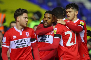 Middlesbrough 'dan Chuba Akpom # 29, 2 Ocak 202' de Birmingham City ile Middlesbrough arasında oynanan Gökyüzü İddia Şampiyonası maçında 1-3 kazanma hedefini kutluyor.