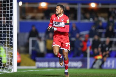 Middlesbrough 'dan Chuba Akpom # 29, 2 Ocak 202' de Birmingham City ile Middlesbrough arasında oynanan Gökyüzü İddia Şampiyonası maçında 1-3 kazanma hedefini kutluyor.