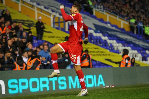 Middlesbrough 'dan Matt Crooks 2 Ocak 202' de Birmingham City 'nin St Andrews, Birmingham' da Middlesbrough 'a karşı oynadığı Gökyüzü İddia Şampiyonası maçında 0-2 kazanma hedefini kutluyor.