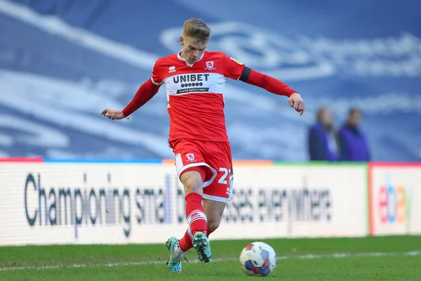 Middlesbrough 'dan Marcus Forss # 21 Gök İddia Şampiyonası maçında Birmingham City, St Andrews, Birmingham, İngiltere' de 2 Ocak 202 'de Middlesbrough' a karşı.