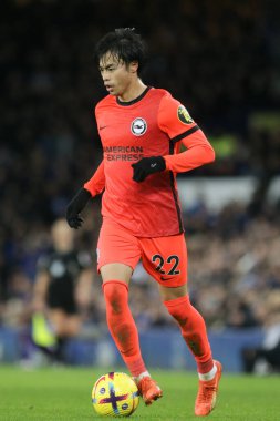 Brighton & Hove Albion 'dan Kaoru Mitoma # 22 Premier Lig maçı sırasında Goodison Park, Liverpool' da Everton ve Hove Albion 'a karşı 3 Ocak 202