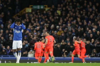 Everton 'dan 11 numaralı depresif Demarai Gray Brighton & Hove Albion oyuncusu, 3 Ocak 202' de Goodison Park, Liverpool 'da oynanan Premier League maçında 1-3' lük skorla kazanma golünü kutluyor.