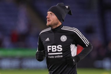 Leicester City 'den Jamie Vardy # 9 Premier League maçı öncesinde King Power Stadyumu' nda Leicester City ile Fulham karşılaşması, 3 Ocak 202