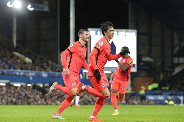 Stock image Kaoru Mitoma #22 of Brighton & Hove Albion celebrates his goal to make it 0-1 during the Premier League match Everton vs Brighton and Hove Albion at Goodison Park, Liverpool, United Kingdom, 3rd January 202