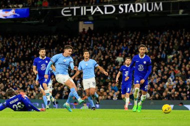 Manchester City 'den Julian Alvarez gol atarken, 8 Ocak 202' de Etihad Stadyumu 'nda oynanan FA Cup Üçüncü Raundunda Manchester City Chelsea' ye karşı oynuyor.