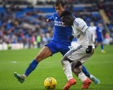 Cardiff City, Cardiff City Stadyumu 'nda Cardiff City - Leeds United maçında Cardiff City' nin üçüncü tur maçında Leeds United 'a karşı Cardiff City' li Tom Sang # 12 'nin baskısı altında Wilfried Gnonto
