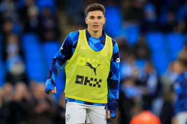 Manchester City # 19 numaralı Julian Alvarez, Manchester City 'nin Chelsea' ye karşı 8 Ocak 202 'de oynanan FA Cup Üçüncü Raund karşılaşması öncesinde oynanan ısınma maçında