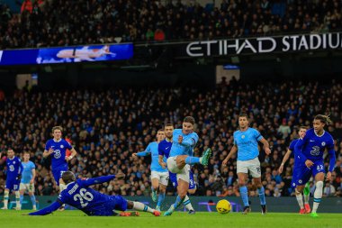 Manchester City 'den 19 numaralı Julin Ivarez, 8 Ocak 2023 tarihinde Etihad Stadyumu' nda oynanan Emirates FA Cup Üçüncü Raund karşılaşmasında şut çekti.