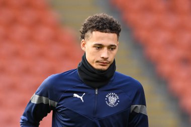 Blackpool 'dan Rhys Williams # 15. Maç öncesi ısınma öncesinde Emirates FA Cup 3. tur karşılaşması Blackpool Nottingham Forest' a karşı Bloomfield Road, Blackpool, İngiltere, 7 Ocak 202