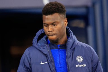 Benoit Badiashile of Chelsea during the warm up ahead of the FA Cup Third Round match Manchester City vs Chelsea at Etihad Stadium, Manchester, United Kingdom, 8th January 202 clipart