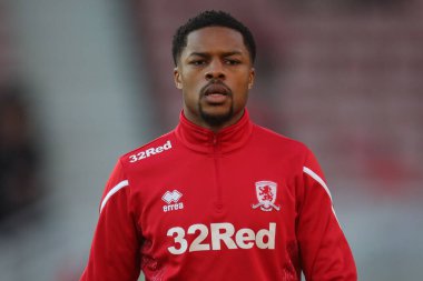 Middlesbrough 'dan Chuba Akpom # 29 numara, Birleşik Krallık' ın Riverside Stadyumu 'nda oynanan ve Middlesbrough-Middlesbrough FA Cup karşılaşması öncesinde oynanan karşılaşma öncesi ısınma sırasında