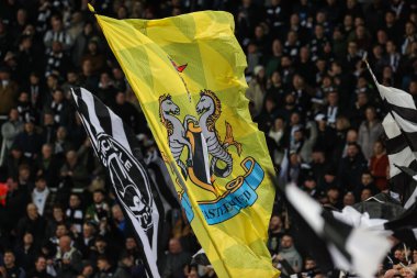 Newcastle taraftarları Carabao Kupası çeyrek final maçında bayrak sallıyor. Newcastle United, Leicester City 'ye karşı. St. James' s Park, Newcastle, İngiltere, 10 Ocak 202