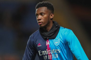 Arsenal 'in Eddie Nketiah # 14' ü, 9 Ocak 202 'de İngiltere' nin Kassam Stadyumu 'nda oynanan Emirates FA Cup Üçüncü Raund karşılaşması öncesinde oynanan ısınma maçında.