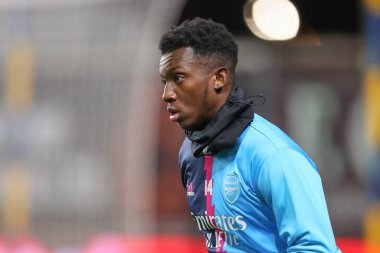 Arsenal 'in Eddie Nketiah # 14' ü, 9 Ocak 202 'de İngiltere' nin Kassam Stadyumu 'nda oynanan Emirates FA Cup Üçüncü Raund karşılaşması öncesinde oynanan ısınma maçında.