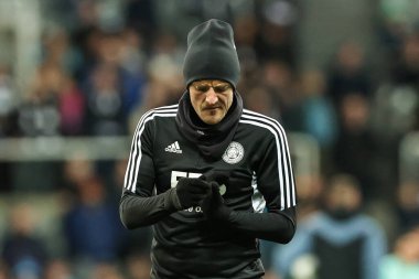 Leicester City 'den Jamie Vardy # 9. Maç öncesi ısınma öncesinde Carabao Kupası çeyrek final maçı Newcastle United ile Leicester City arasında 10 Ocak 202' de St.James 's Park, Newcastle, İngiltere