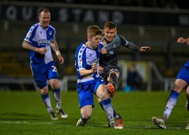 Plymouth Argyle forveti Ben Waine (23), Papa John 's Trophy karşılaşmasında Bristol Rovers' ın Plymouth Argyle 'a karşı oynadığı Memorial Stadyumu, Bristol, İngiltere' de 10 Ocak 202 'de attığı şutu ıskaladı.