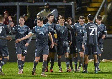 GOAL Plymouth Argyle forveti Ben Waine (23), Papa John 's Trophy karşılaşmasında takım arkadaşlarıyla Bristol Rovers - Plymouth Argyle maçında Bristol, Bristol, İngiltere' de 10 Ocak 202 tarihinde oynanan Memorial Stadyumu 'nda 0-1' lik galibiyet golünü kutluyor.