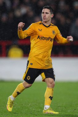 Daniel Podence #10 of Wolverhampton Wanderers celebrates scoring his goal in the shoot out during the Carabao Cup Quarter Final match Nottingham Forest vs Wolverhampton Wanderers at City Ground, Nottingham, United Kingdom, 11th January 202